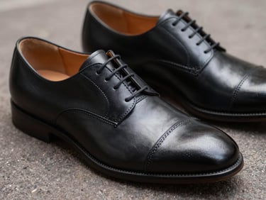 Close-up of men's dress shoes, black polished leather, studio lighting, shallow depth of field, on a dark, textured surface.