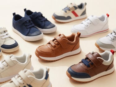 Bright, natural daylight shot of colorful children's sneakers, new and clean, arranged playfully on a light background.