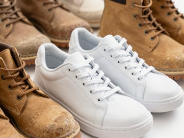 Close-up of school shoes, white sneakers, and rugged boots arranged together, highlighting different textures and purposes, bright studio light.