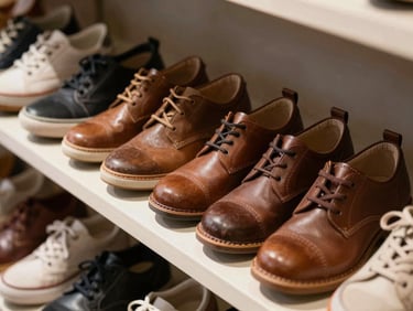 Pares de zapatos escolares nuevos, limpios y ordenados en una estantería, con luz natural.