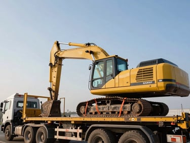 Low-angle heroic shot of a yellow excavator being transported on a heavy-haul flatbed truck, crisp morning daylight, high-contrast cool tones, safety orange straps.
