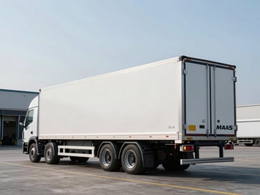 Modern MAAS TRUCKING dry van trailer parked at a loading dock, crisp morning daylight, cool tones, 35mm. Focus on the clean, well-maintained trailer.