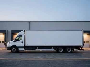 Side view of a clean, modern dry van semi-trailer parked at a loading dock, dusk highway lighting, high-contrast cool tones.