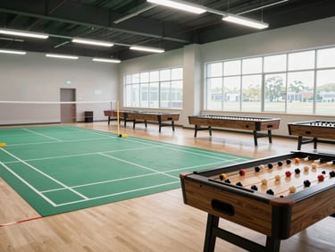 Daylight interior photograph of the Paradise Green clubhouse showing badminton court and carrom tables in a bright hall, real use setting, no staging, documentation style