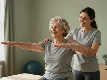 A cheerful senior woman performing light physical therapy exercises with a warm, smiling therapist in a sunlit room, soft olive green walls, natural light