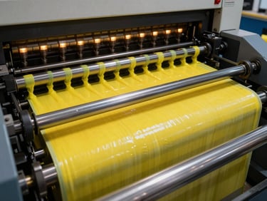 Máquina de impresión offset industrial en acción, rodillos metálicos con tinta amarilla, papel apilado, luces cálidas de la máquina, alto contraste.