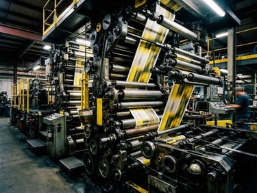 Wide shot of a modern industrial printing press in motion, metallic rollers, high-contrast lighting, deep blacks and bright yellow accents, 35mm
