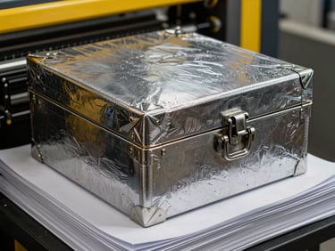 Primer plano de una caja de empaque con estampado metálico y barniz a registro, luz dramática que resalta la textura, sobre una pila de papel cortado.