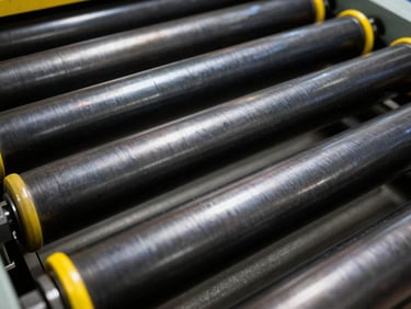 Close-up of industrial offset printing press rollers, metallic ink, high-contrast lighting, deep blacks and bright yellow accents, 35mm.