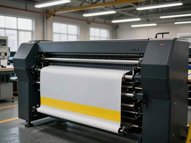 Wide shot of a large format digital printer working on a banner, industrial workshop environment, cool daylight, warm machine lights, 35mm.