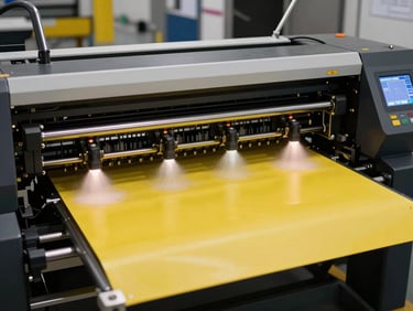 Impresora de gran formato trabajando en un banner publicitario, chorros de tinta visibles, luces industriales frías y detalles de color amarillo en la pantalla de control.