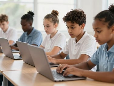 South African high school learners in Grade 8-12, focused on laptops in a modern study area, preparing for university, natural daylight, soft digital glow, shallow depth of field.
