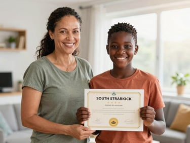 A proud South African learner holding a certificate of distinction next to their mother, bright natural light, genuine smiles, modern home setting, shallow depth of field