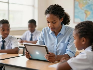 A focused South African teacher guiding a high school learner using a digital tablet in a bright, modern Johannesburg classroom, soft daylight, shallow depth of field, 35mm