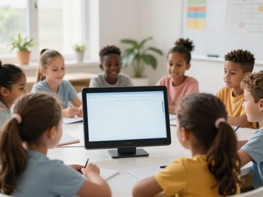 Diverse South African children in Grade R-3, engaged with an interactive digital screen in a bright, modern classroom, natural daylight, soft digital glow, shallow depth of field.
