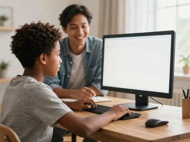 A Black Grade 10 student studying at a clean wooden desk at home, interactive screen glowing softly, warm interior light, supportive parent smiling in the background, 35mm