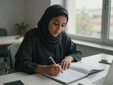 Medium shot from slightly above, natural daylight from a tall studio window — Fatima Abdul Habeeb reviewing handwritten notes on a legal pad at a clean desk, pen in hand, expression focused and deliberate, warm but not posed