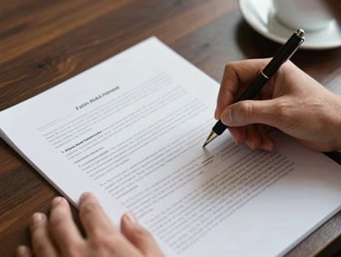 Close detail shot of Fatima Abdul Habeeb's hands annotating a dense single-page brief on a dark wood table, natural overhead light, a coffee cup slightly out of focus in the far corner