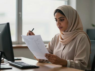 Medium shot of Fatima Abdul Habeeb at a standing desk reviewing printed data sheets under diffuse natural window light, focused expression, a single pen in hand, neutral office environment visible behind her