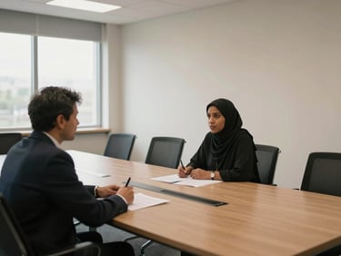Environmental wide angle of a quiet conference room, Fatima Abdul Habeeb seated across from one other person at a long table, documents spread between them, natural side-light from a window, calm professional atmosphere