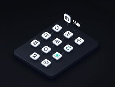 Isometric vector diagram of a lightweight APK package structure showing a clean sub-5MB file hierarchy, dark background