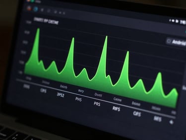 Macro shot of a dark-mode Android system monitor screen showing a flat CPU usage graph with neon green lines, moody studio lighting