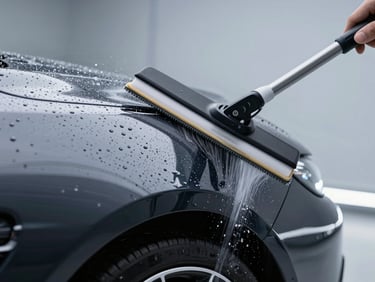 Extreme close-up of a squeegee applying an invisible protective film to a luxury sports car fender, water droplets spraying, clinical cleanroom environment, cool rim lighting.