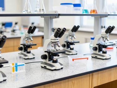Modern school science laboratory with microscopes, test tubes, clean granite countertops, and safety gear visible.