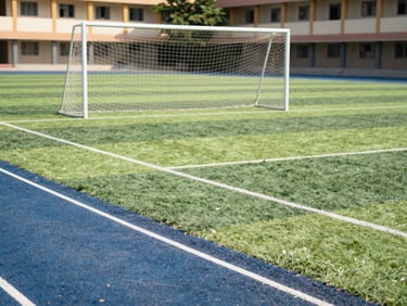 Spacious green school playground with soccer nets and running track, bright sunny day in Chamarajanagar.