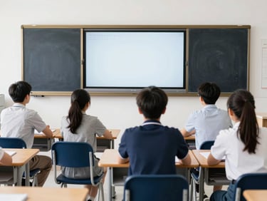 Bright classroom with smart interactive board, students sitting at modular wooden desks collaborating, natural daylight.