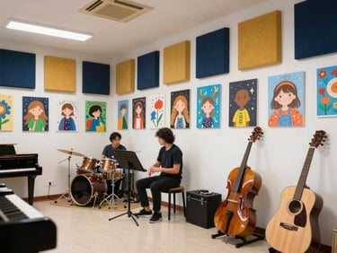 Vibrant art and music room with acoustic panels, musical instruments, and student paintings displayed on walls.