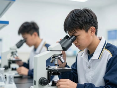 Bright editorial photography of a student looking through a microscope in a clean science lab, natural daylight, shallow depth of field