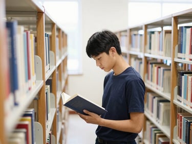 Bright editorial photography of a student reading a book in a sunlit library, rows of books, natural daylight, shallow depth of field