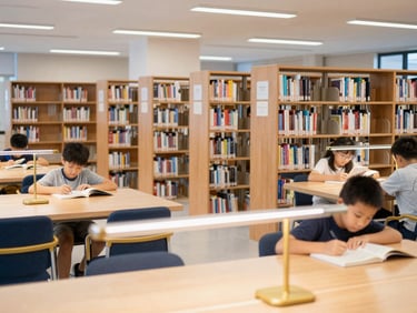 Well-lit school library with wooden bookshelves, reading tables, students quietly reading under warm task lights.