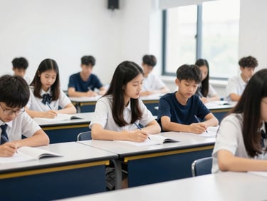 Bright editorial photography of a modern smart classroom with students collaborating, natural daylight, shallow depth of field
