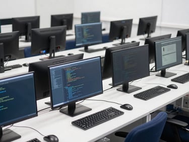 Clean computer lab with flat-screen monitors arranged in neat rows, modern coding interface visible on screens.