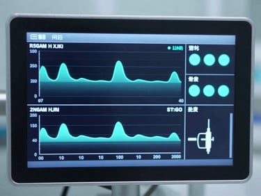 A digital telemetry dashboard displaying real-time medical gas pipeline pressure graphs, glowing cyan indicators on a dark interface, technical clinical aesthetic, 35mm