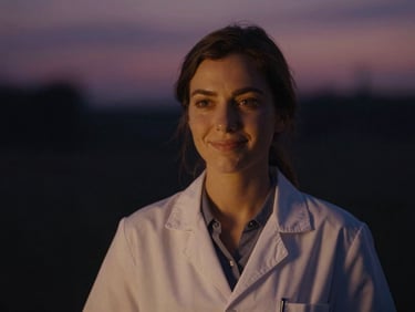 Cinematic portrait of a female therapist smiling gently, twilight lighting, soft focus, 35mm lens, deep night tones