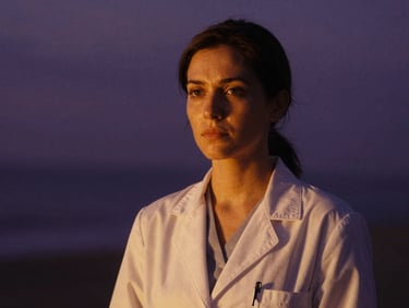 Cinematic portrait of a female psychologist, warm golden hour lighting, soft focus, 35mm lens, deep violet background