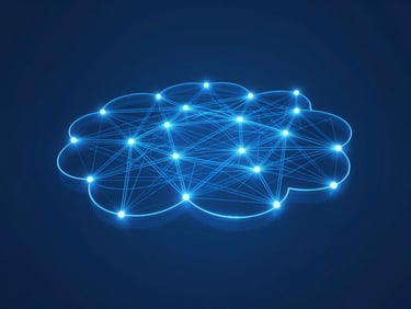 Sleek corporate tech photography of abstract cloud network architecture with glowing blue lines, cool blue studio lighting, sharp high-contrast details, minimalist composition, 50mm lens