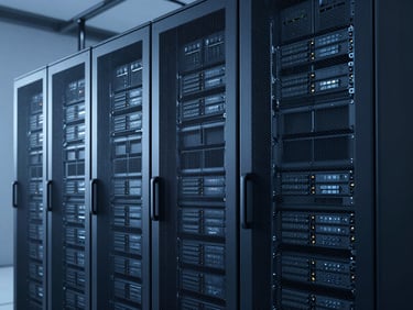 Sleek corporate tech photography of server racks in a data center, cool blue studio lighting, sharp high-contrast details, minimalist composition, 50mm lens