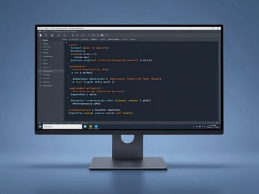 Clean code on a modern monitor, sleek corporate tech photography, cool blue studio lighting, sharp high-contrast details, minimalist composition, 50mm lens
