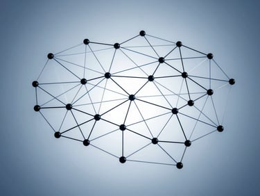 Abstract network architecture, data flow visualization, sleek corporate tech photography, cool blue studio lighting, sharp high-contrast details, minimalist composition, 50mm lens