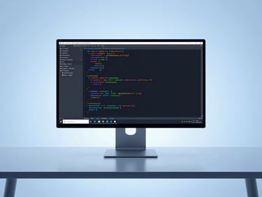 Sleek corporate tech photography of code on a monitor screen in a clean minimalist workspace, blue backlighting, sharp high-contrast details, minimalist composition, 50mm lens