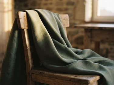 Close-up of heavy silk fabric draping elegantly over a raw wooden chair, soft golden-hour side light, rich desaturated tones, 35mm photography