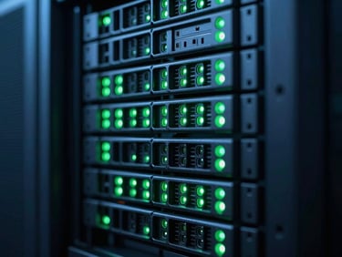 Macro extreme close-up of high-density server rack hard drive trays, glowing emerald green status lights, deep slate background, cinematic low-key lighting, 35mm