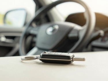 Close-up of a simple car key on a light surface, steering wheel blurred in the background, bright natural light, warm optimistic tones.