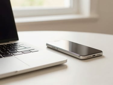 Close-up of a modern, sleek laptop and smartphone on a clean desk, bright natural light, shallow depth of field, warm cream tones.