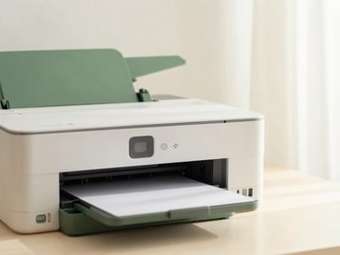 Close-up of a compact, modern all-in-one printer on a light surface, soft morning light, clean background, forest green accent.