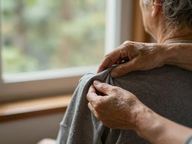 Close-up of a caregiver gently assisting a senior with dressing, focusing on hands and soft fabric, warm natural window light, authentic moment.